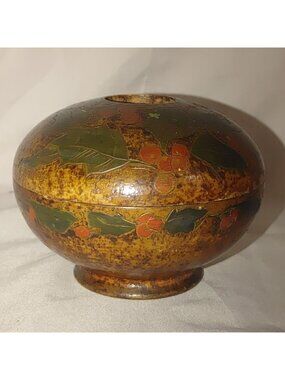 Wooden Carved Floral Trinket Box Lid Handcraft Vintage Rustic Brown Green Finish
